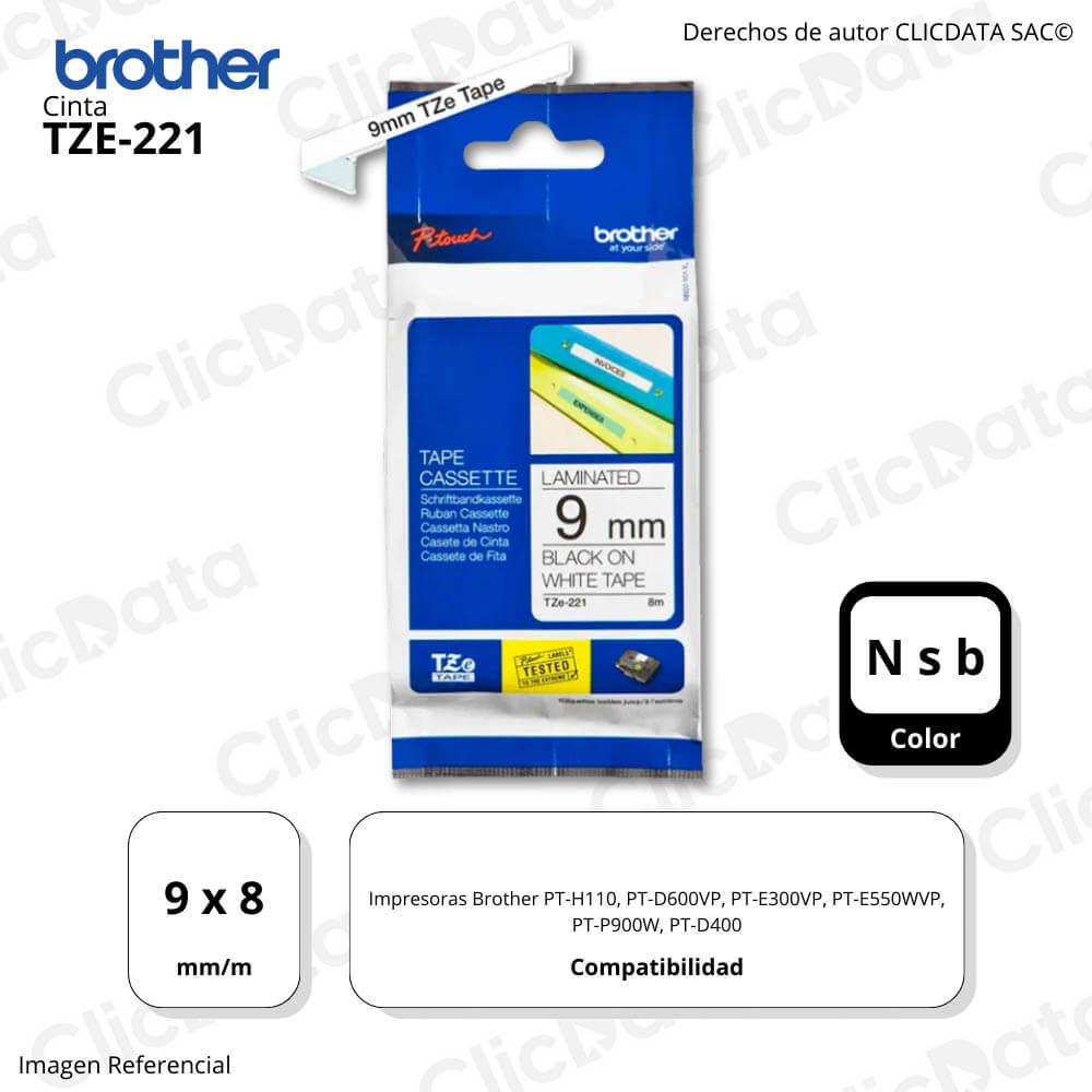 Cinta Brother Tze-221 9mm x 8,00 M. PTH110,PTD400 Original