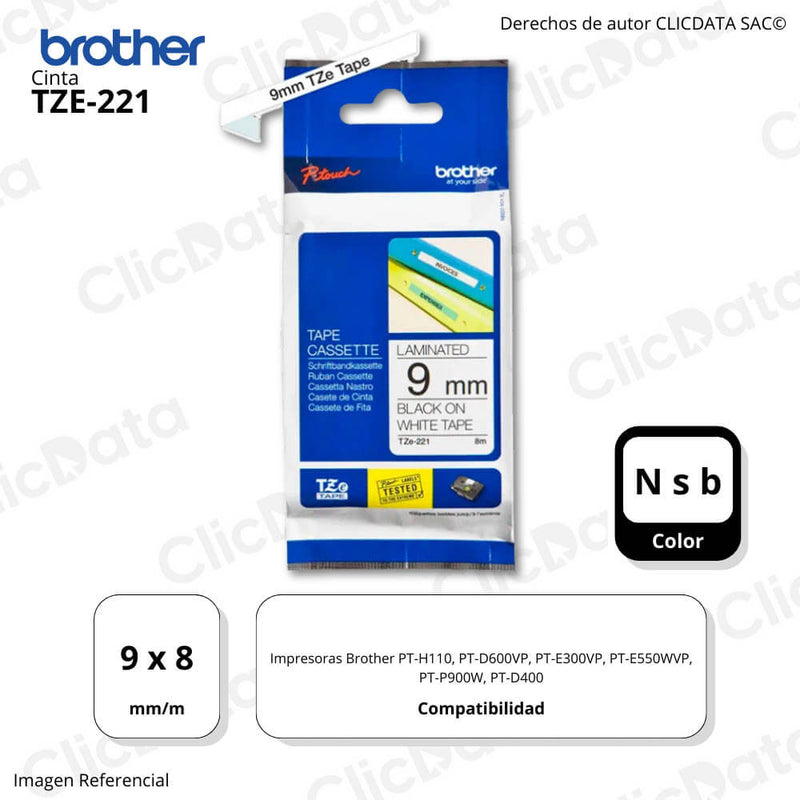 Cinta Brother Tze-221 9mm x 8,00 M. PTH110,PTD400 Original