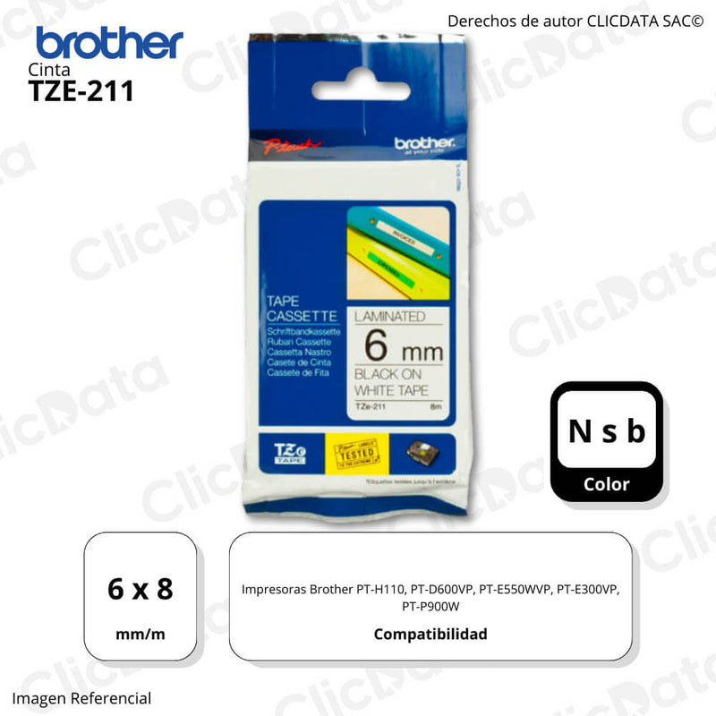 Cinta Brother Tze-211 6mm x 8,00 M. PTH110,PTP900W Original