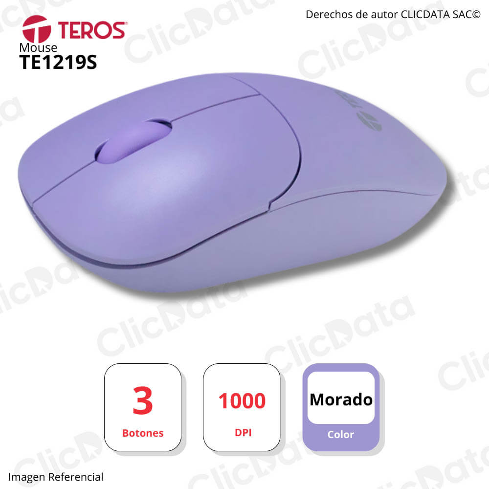 Mouse Teros TE-1219S Negro 3 Botones 1000 DPI, receptor USB morado
