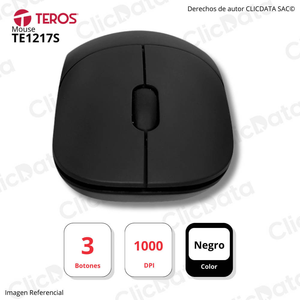 Mouse Teros TE-1217S Negro 3 Botones 1000DPI Receptor USB Inalámbrica