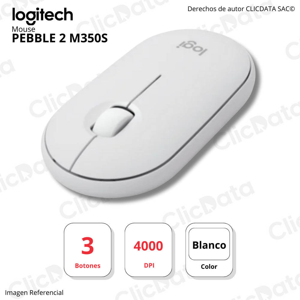 Mouse Logitech Pebble 2 M350S Blanco 3 bot. Alcance 10m Bluetooth