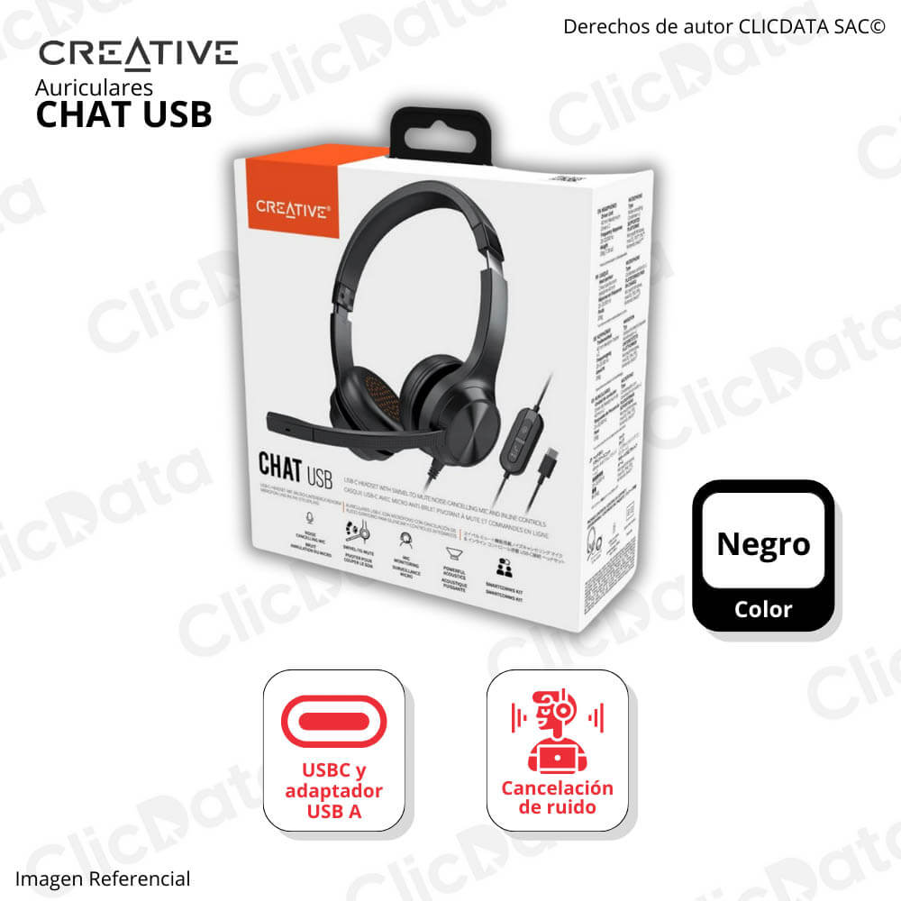 Audífono C/Microf Creative Chat Usb 40Mm Usb-C/Adaptador Usb-A Cancelación De Ruido Mute Negro (51Ef0980Aa000)