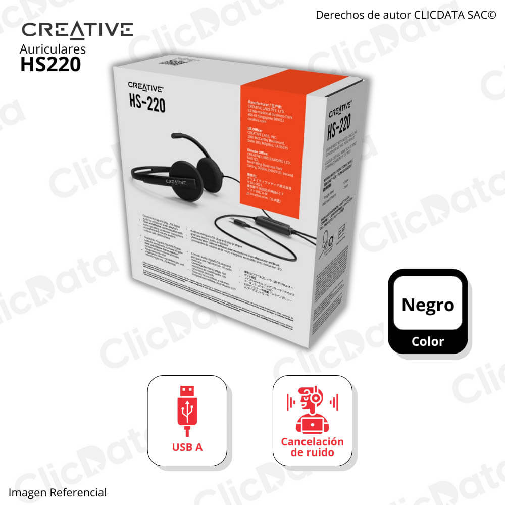 Audífono C/Microf Creative HS220 Negro Cancelación De Ruido Mute Ligero 108G Negro (51Ef1070Aa001)