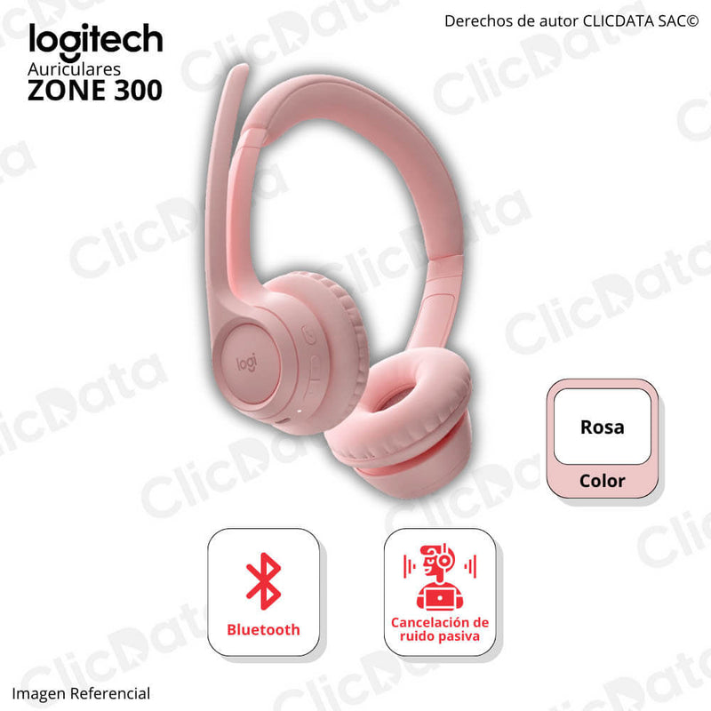 Audífono C/Microf Logitech Zone 300 Rose Bluetooth, 20Hrs Rosa 981-001411