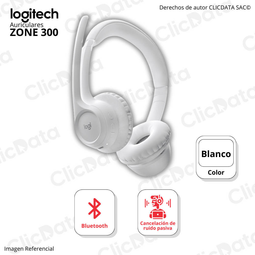 Audífono  C/Microf Logitech Zone 300 Bluetooth, 20Hrs Blanco 981-001416