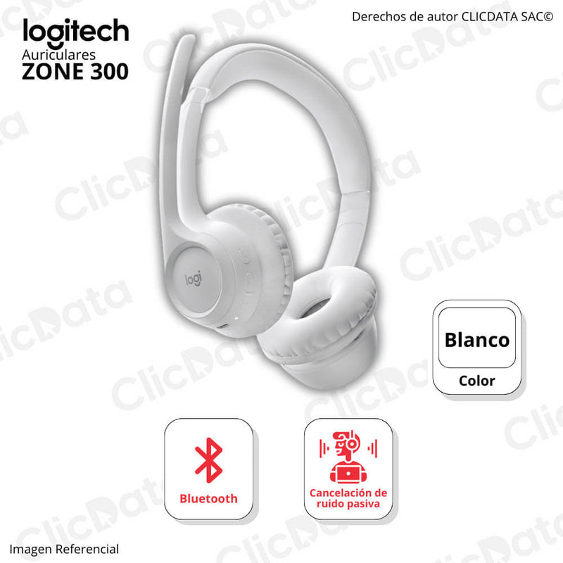Audífono  C/Microf Logitech Zone 300 Bluetooth, 20Hrs Blanco 981-001416