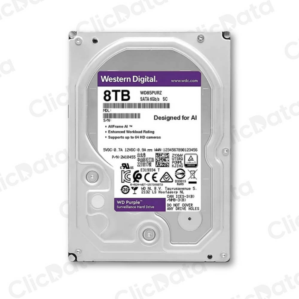 Disco duro Interno WD Purple, 8TB, SATA 6.0 Gb/s, 256MB Cache, 5640 rpm, 3.5"