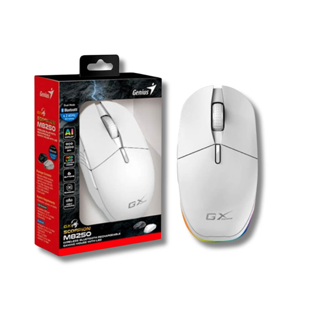 Mouse Gamer Genius Gx Scorpion M8250 Ai Copiloto Recargable Inalambrico/Bt 3200 Dpi 6-Botones Rgb Blanco (31060001400)