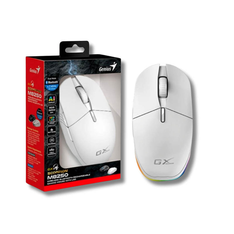 Mouse Gamer Genius Gx Scorpion M8250 Ai Copiloto Recargable Inalambrico/Bt 3200 Dpi 6-Botones Rgb Blanco (31060001400)
