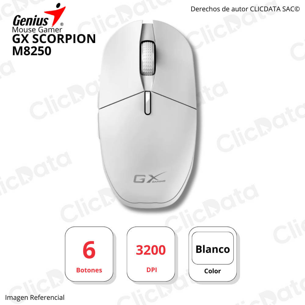 Mouse Gamer Genius Gx Scorpion M8250 Ai Copiloto Recargable Inalambrico/Bt 3200 Dpi 6-Botones Rgb Blanco (31060001400)