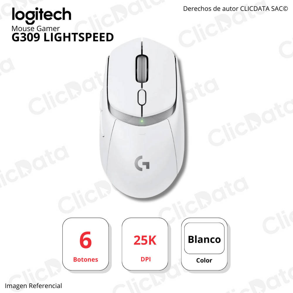 Mouse Gamer Logitech G309 Lightspeed Inalámbrico/Bt 25K Dpi Lightforce Blanco (910-007205)