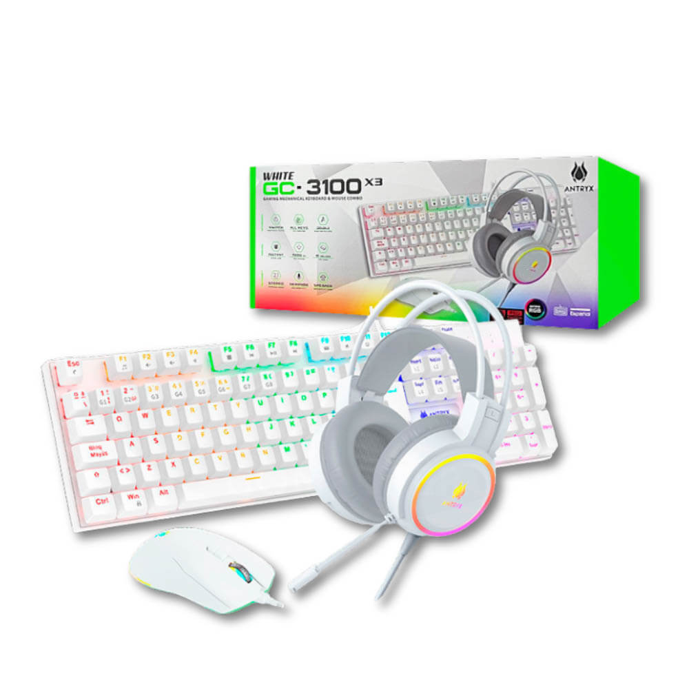 Combo Gamer Antryx GC-3100 X3 White, Teclado Switch Red, Mouse, Auriculares