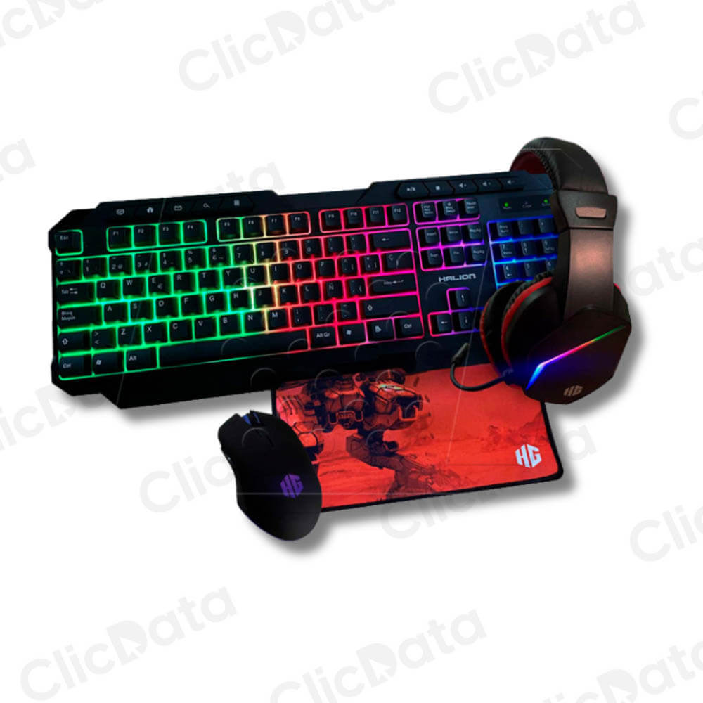 Combo Gamer Halion HA-404C Blanco y Negro RGB Con cable Luces RGB