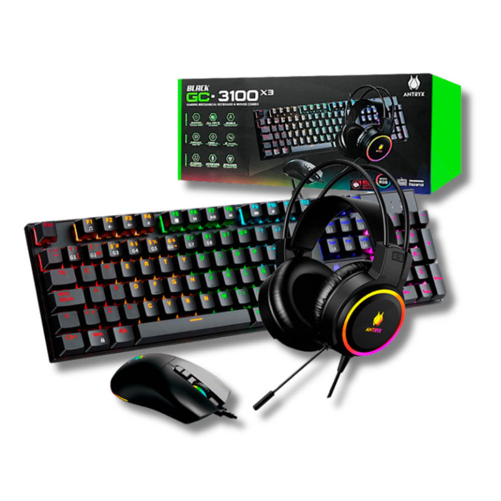 Combo Gamer Antryx GC3100 X3 Black, Teclado Switch Blue, Mouse Y Auricular