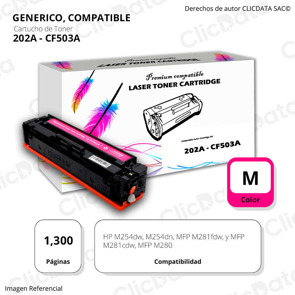 Toner HP 202A Magenta CF503A 1,300 Pág. M281cdw, M254dn Compatible