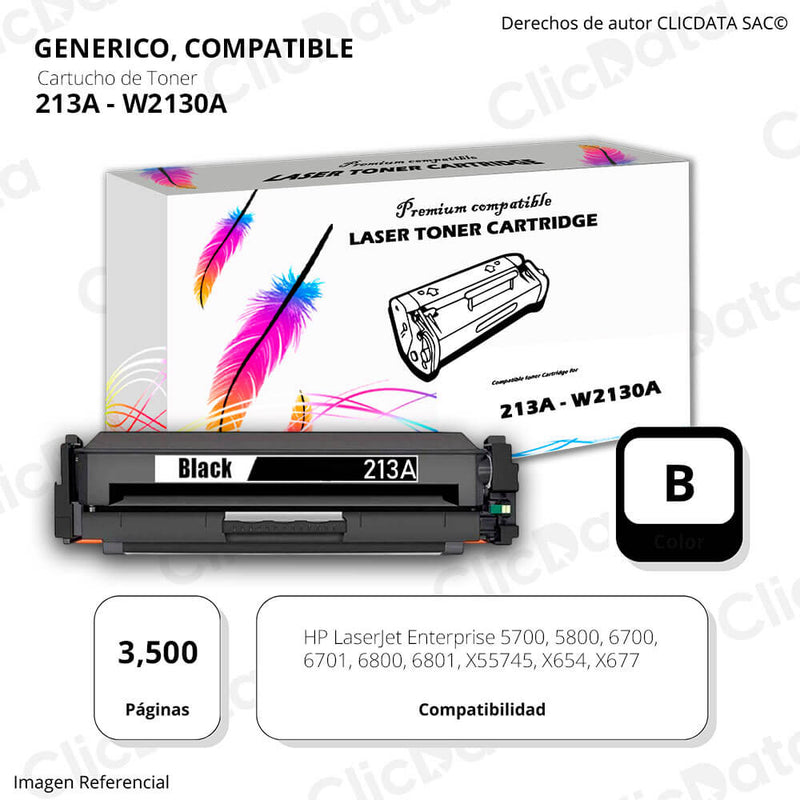 Toner Hp 213A Negro W2130A 3,500 Pág. 5800, X654 Compatible