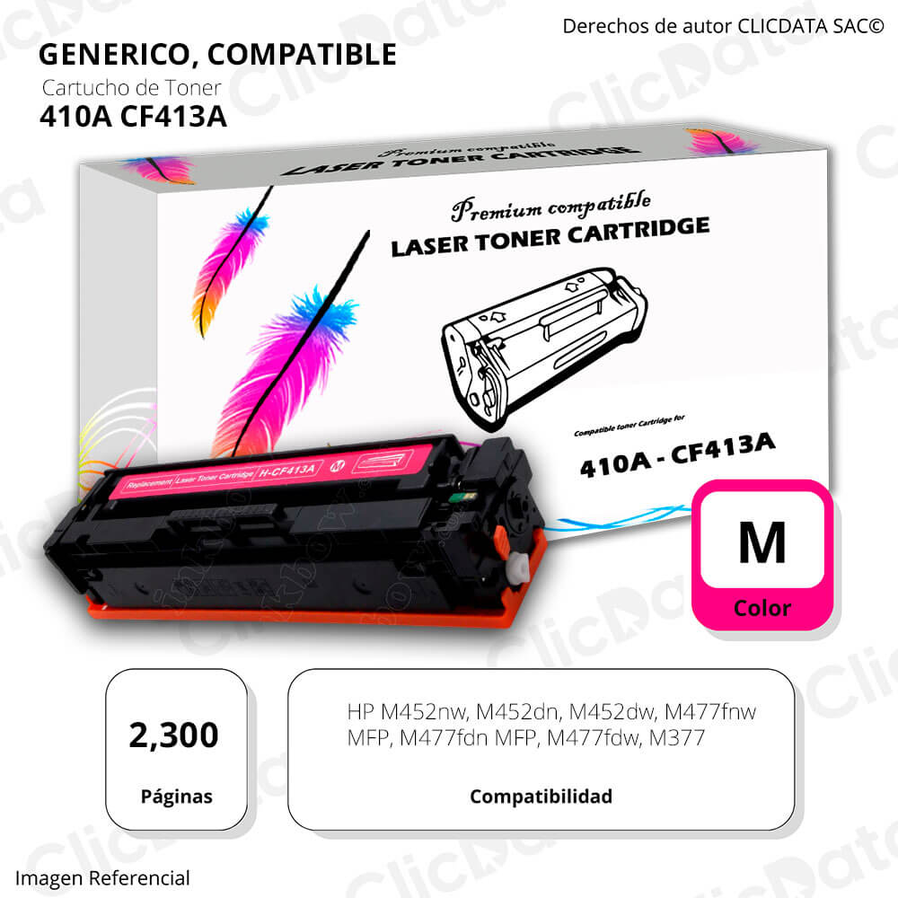 Toner HP 410A Magenta CF413A 2,300 Pág. M477fdw, M452dn Compatible