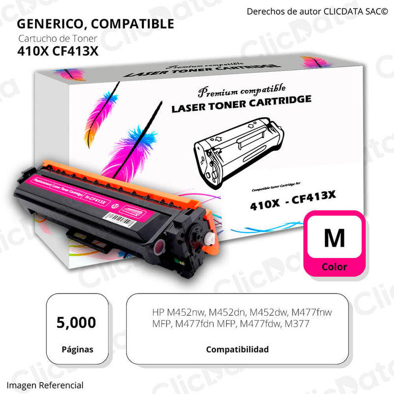 Toner HP 410X Magenta CF413X 5,000 Pág. M477fdw, M452dn Compatible