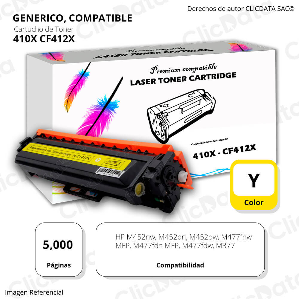 Toner HP 410X Yellow CF412X 5,000 Pág. M477fdw, M452dn Compatible